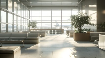 An empty airport lounge area, featuring unoccupied plush seating and minimal decor. The space is presented as serene and inviting in its unused state.