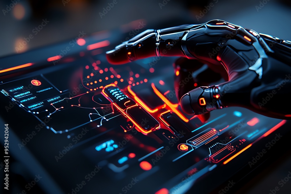 Poster Neon color technology with glowing interfaces and vibrant graphics, depicted in an artwork where futuristic technology is illuminated by neon-colored interfaces, with glowing graphics adding