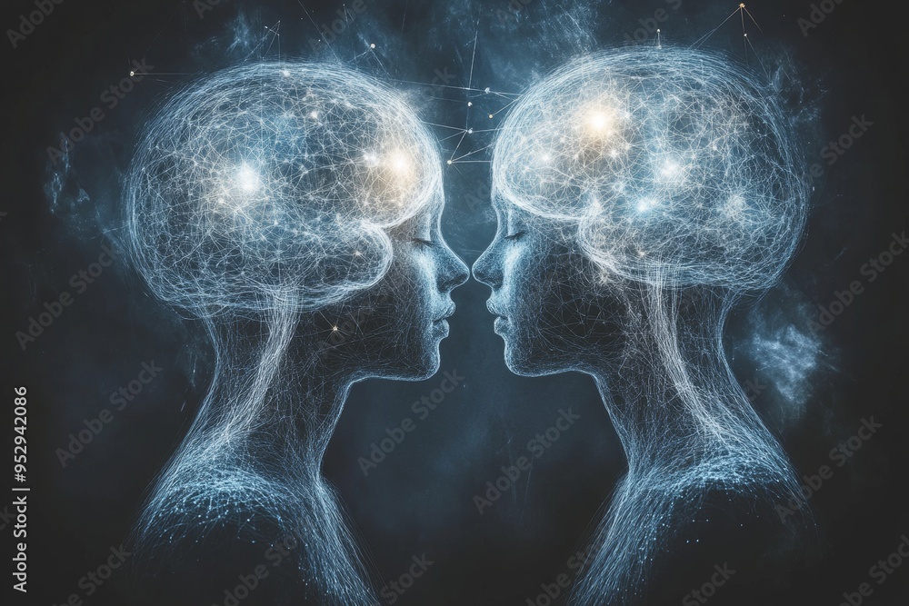 Poster two ethereal figures with glowing brains facing each other symbolizing the mystical connection of mi