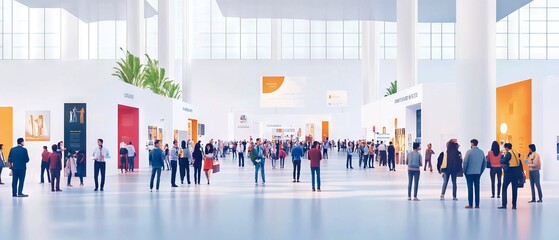 trade fair expo trade show booth international business convention event showcase center with large scale crowd of people gathering to see product and service display, background banner
