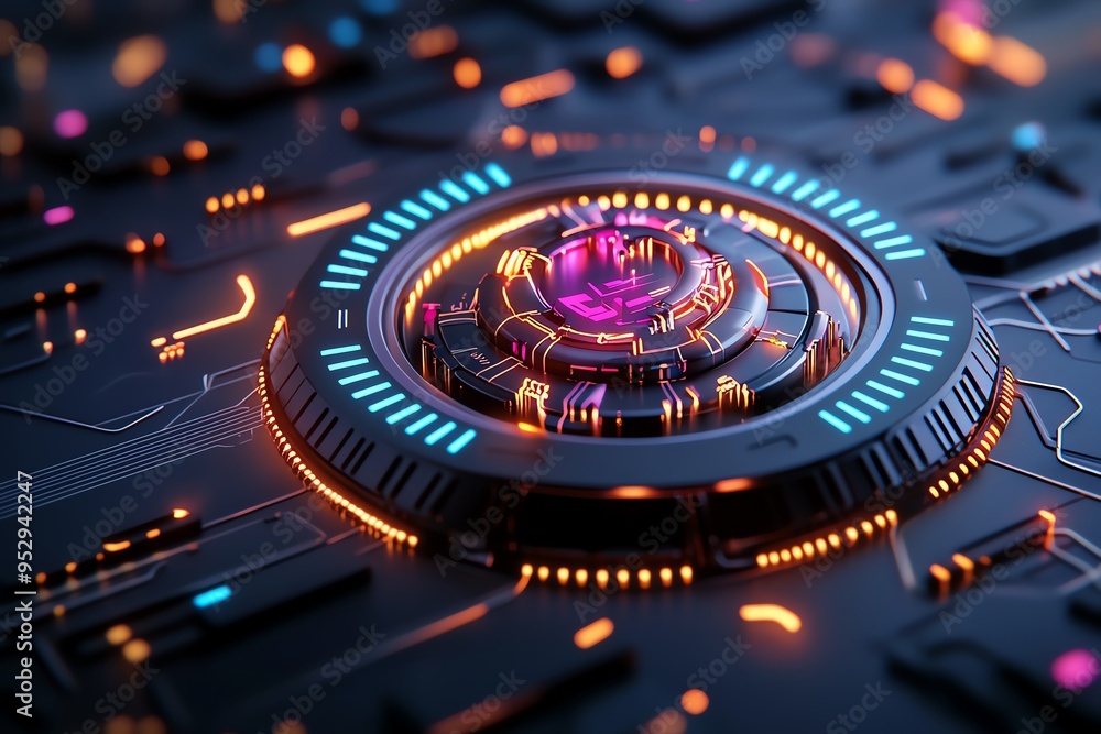 Poster Neon color technology with glowing interfaces and vibrant graphics, depicted in an artwork where futuristic technology is illuminated by neon-colored interfaces, with glowing graphics adding