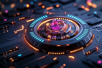 Neon color technology with glowing interfaces and vibrant graphics, depicted in an artwork where futuristic technology is illuminated by neon-colored interfaces, with glowing graphics adding