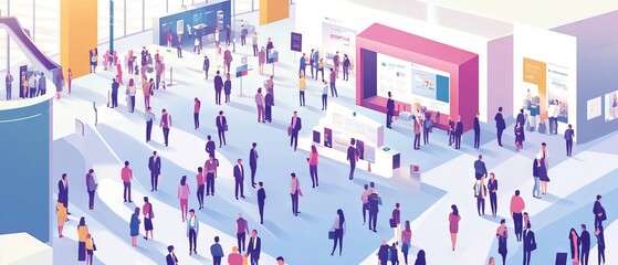 trade fair expo trade show booth international business convention event showcase center with large scale crowd of people gathering to see product and service display, background banner