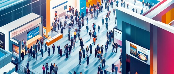 trade fair expo trade show booth international business convention event showcase center with large scale crowd of people gathering to see product and service display, background banner