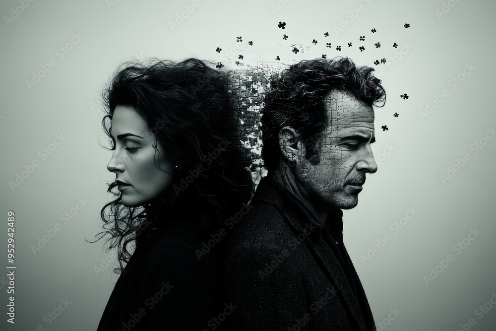 Poster a couple standing back to back with dissolving brain elements symbolizing the disconnection of thoug