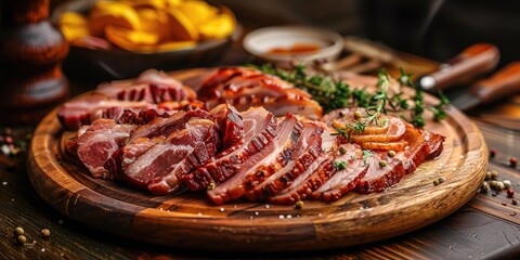 Obraz premium Smoked pork bacon served on a rustic wooden platter with assorted slices