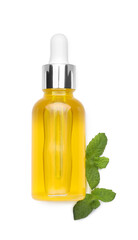 Bottle of essential oil and mint isolated on white, top view