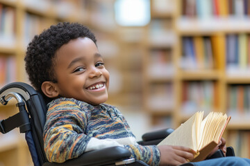 Inclusive photo of a young African American boy in a wheelchair, smiling and enjoying a book while sitting in a library filled with bookshelves in the background