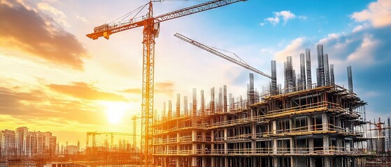 Naklejka premium construction site and sunset , structural steel beam build large residential buildings