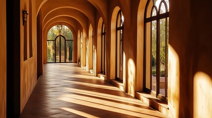 Obraz premium Sunbeams Streaming Through Arched Windows in a Corridor