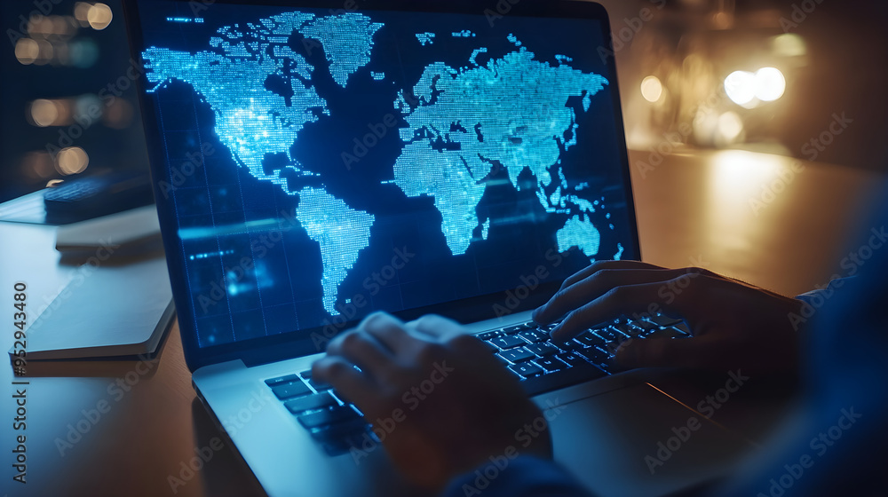 Poster blue world map displayed on back screen global navigation visual