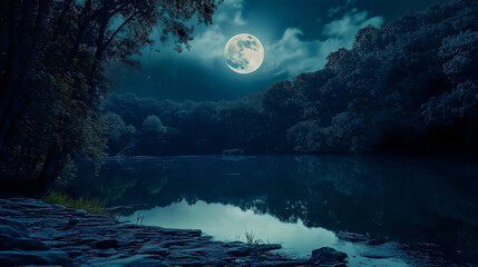 Moonlight lake river water reflection, beautiful night scene with a full moon shining bright in dark fantasy sky, creating a romantic and serene landscape with natural beauty and blue tranquility