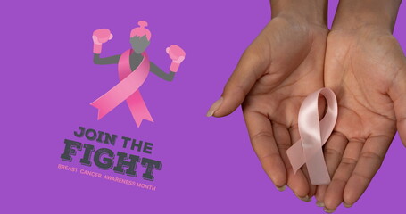 Image of breast cancer awareness text over biracial woman holding pink breast cancer ribbon