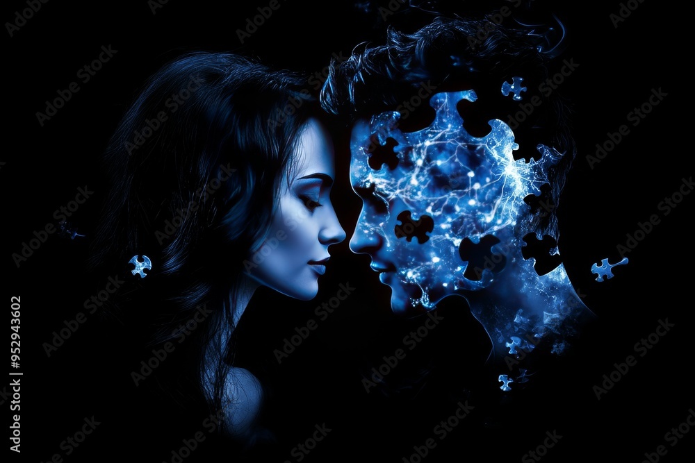 Poster a woman with puzzle pieces dissolving from her brain symbolizing the complexity of mental processes 