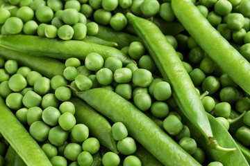Many fresh green pods and peas as background, closeup