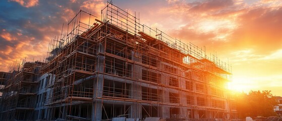 construction site and sunset , structural steel beam build large residential buildings