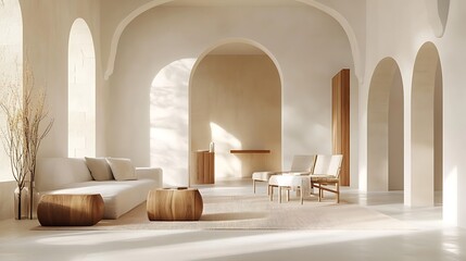Minimalist Living Room with Arched Windows and Natural Light