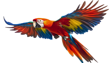 Parrot pet animal isolated on a tropical background, a colorful and exotic bird flying wild and free in nature, bright and vivid feathers in a beautiful, natural setting