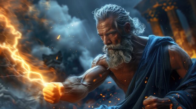 Supreme Deity: Zeus, Greek god of heavens, thunder and lightning, ruler of cosmos, chief of Olympian gods, equated with Jupiter in Roman mythology, embodying ultimate power, dominion over the world.