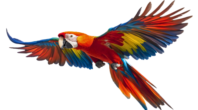 Parrot pet animal isolated on a tropical background, a colorful and exotic bird flying wild and free in nature, bright and vivid feathers in a beautiful, natural setting