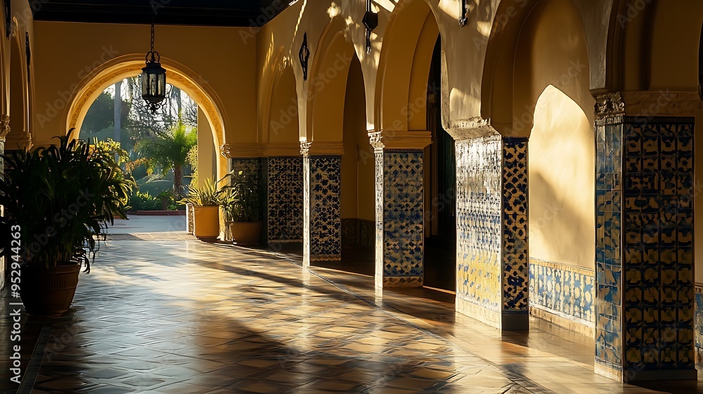 Poster sunlit arched corridor with tiled columns