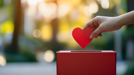 Woman hand holding a heart above donation box, symbolizing charity, care, and community support, with copy space for text, concept of giving, help, and hope