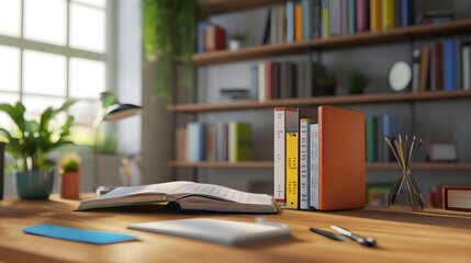 Office desk with books, schedule planner, and agenda, ready for organizing tasks