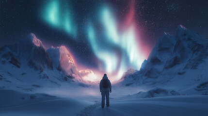 Fototapeta premium night scene with stars, snowy mountains, aurora borealis, explorer. lone explorer gazing at aurora borealis beneath a starry sky, snowy mountains in the background, and crisp night air.