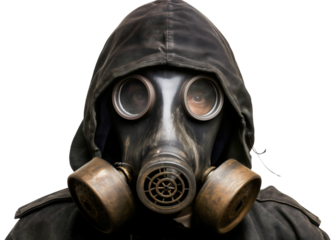 Man in a gas mask, isolated for safety and protection from chemical hazard and pollution, a respirator essential for toxic danger environment, standing against transparent background