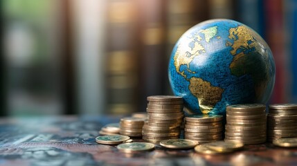Globe surrounded by stacks of money coins, symbolizing global saving and investment strategies