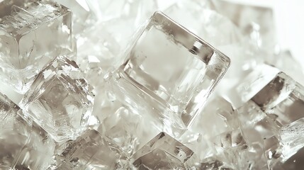 Close-up of clear ice cubes, refreshing and cool.