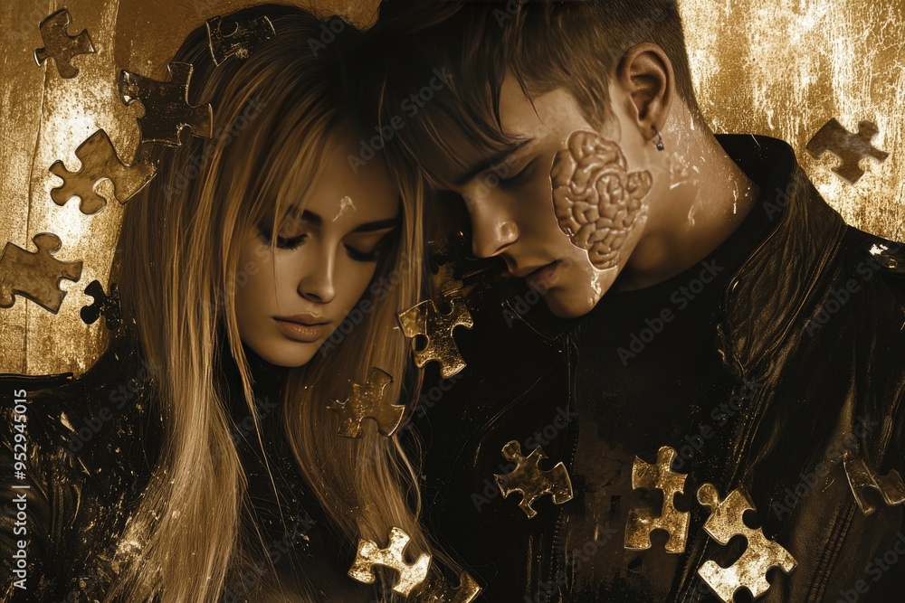 Poster a couple with pieces of their faces dissolving like a puzzle symbolizing the fragility of relationsh