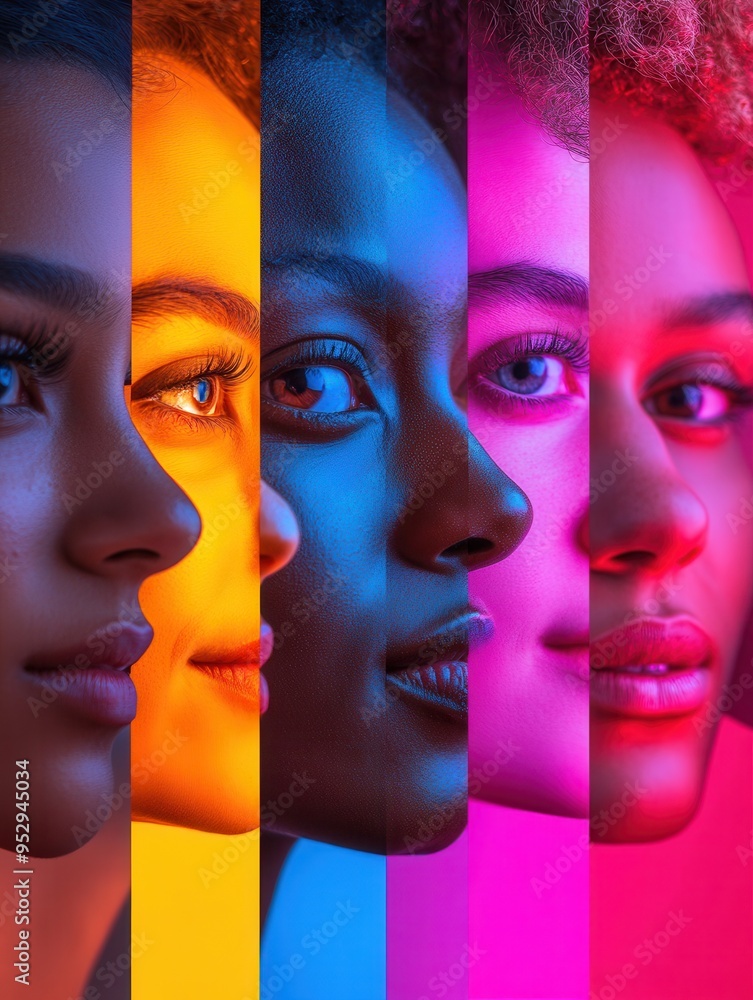 Poster brightly colored faces symbolize division and bias, highlighting diversity and the contrasts between