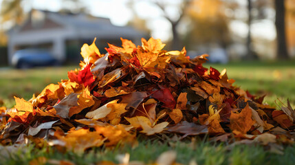 Pile of autumn leaves in a backyard, a vibrant heap of orange, yellow, and red foliage on the lawn, fall cleanup and seasonal raking work in garden