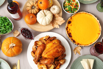 Festive table setting with tasty food for Thanksgiving Day, top view