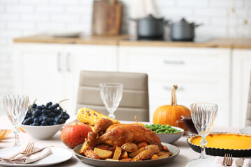 Festive table setting with tasty food for Thanksgiving Day in kitchen