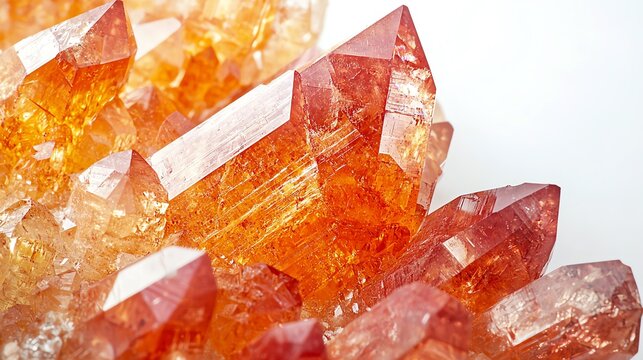 Extreme close-up of potassium dichromate crystals, orange-red color and triclinic structure visible, isolated on white