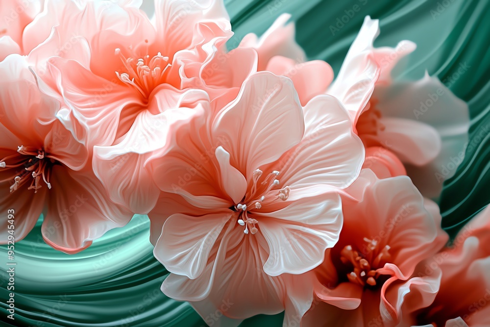 Poster Peach blossom abstract art with soft gradients and flowing lines, captured in a photo where abstract art features soft gradients in pink and green, with flowing lines representing the delicate