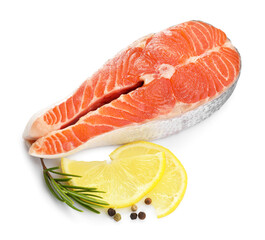 Fresh salmon steak, lemon, peppercorns and rosemary isolated on white, above view