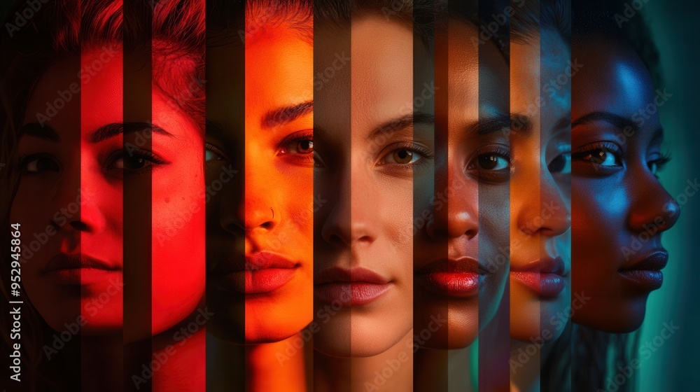 Poster a striking representation of diverse faces separated by a barrier, showcasing vibrant colors that em