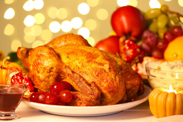 Tasty turkey for Thanksgiving Day on table against blurred lights, closeup