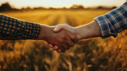 Handshake between two farmer people in agriculture field, symbolizing agreement and partnership in farming business, showcasing teamwork and success in rural farmland during a beautiful summer sunset