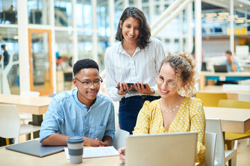 Laptop, coaching and group of business people training on tablet with mentor or manager. Team,...