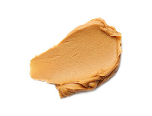 Tasty peanut butter on white background, top view