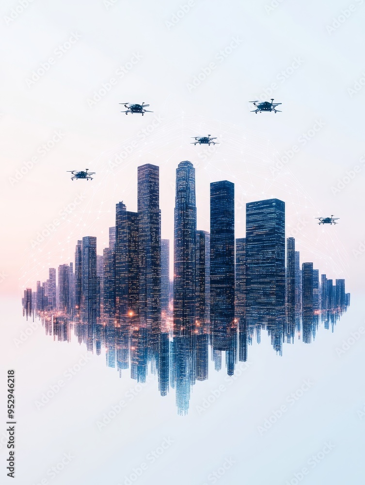 Poster futuristic city skyline with ai drones analyzing big data and visualizations on buildings