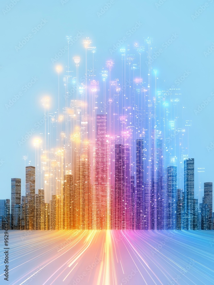 Poster explore a futuristic city with ai monitoring big data through streams of light