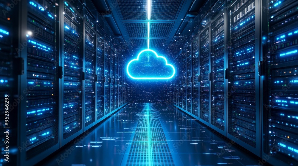 Poster visionary data center redefined with holographic cloud icons and serverless infrastructure