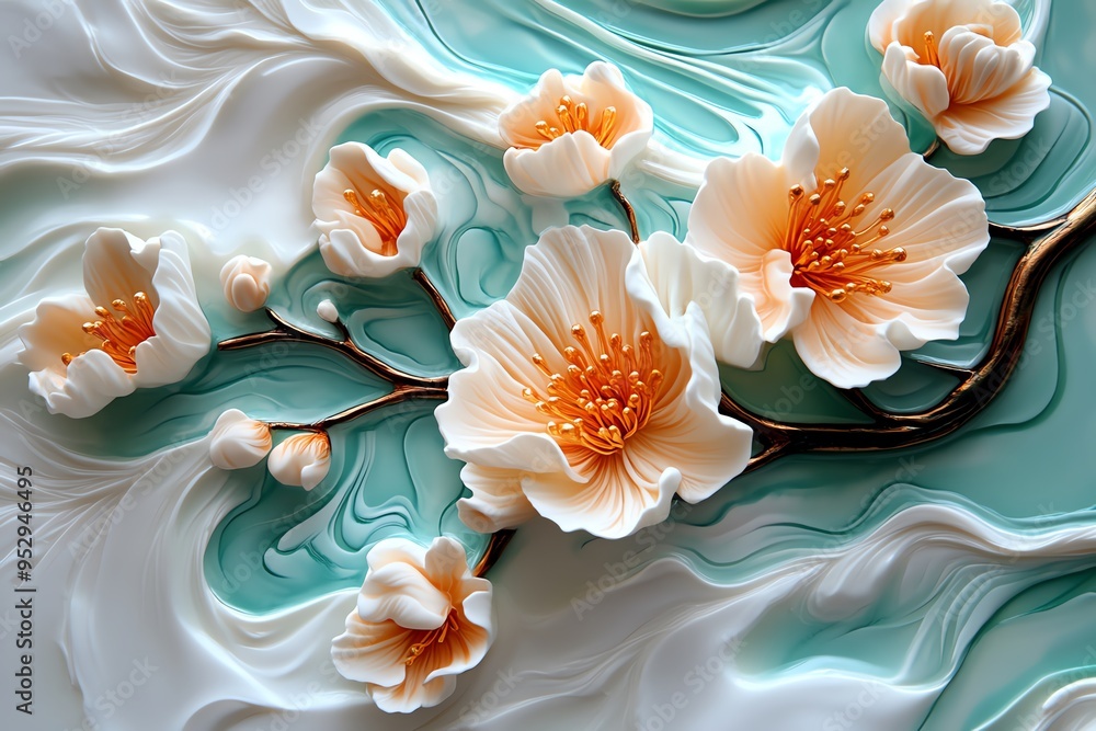 Poster peach blossom abstract painting with flowing lines and pastel colors, depicted in an artwork where a