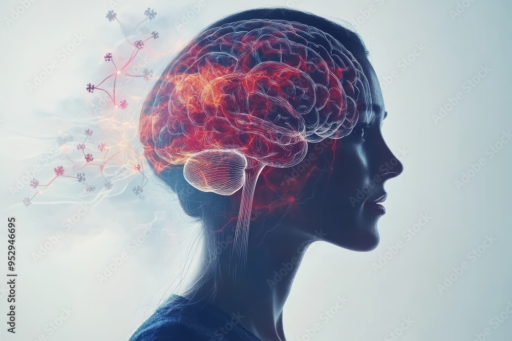 Poster a futuristic profile of a woman with glowing red brain elements symbolizing the power of technology 