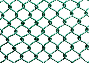 Front View To a Green Chain link fence PNG Metal wire mesh isolated on white and transparent background - Steel Fence grid Galvanized wire Protective grid Security and Boundary Concept